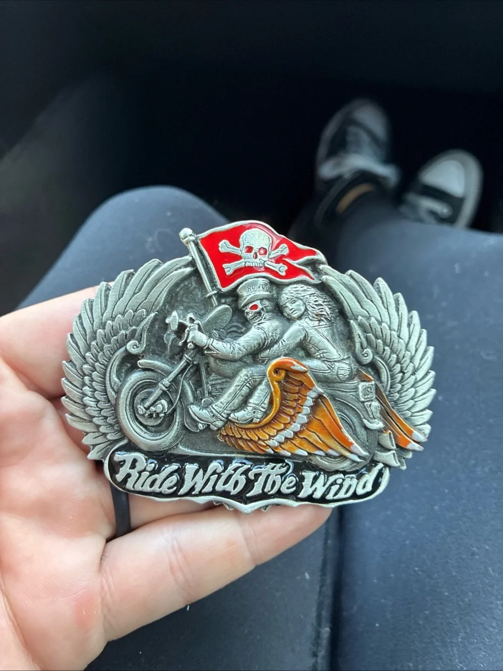 Ride With The Wind Winged Motorcycle Belt Buckle - Silver & Red